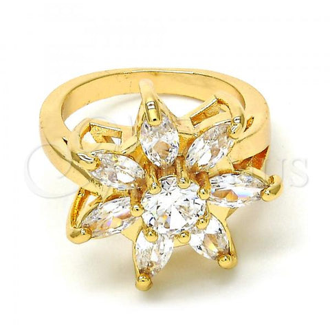 Oro Laminado Multi Stone Ring, Gold Filled Style Flower Design, with White Cubic Zirconia, Polished, Golden Finish, 01.210.0049.09 (Size 9)