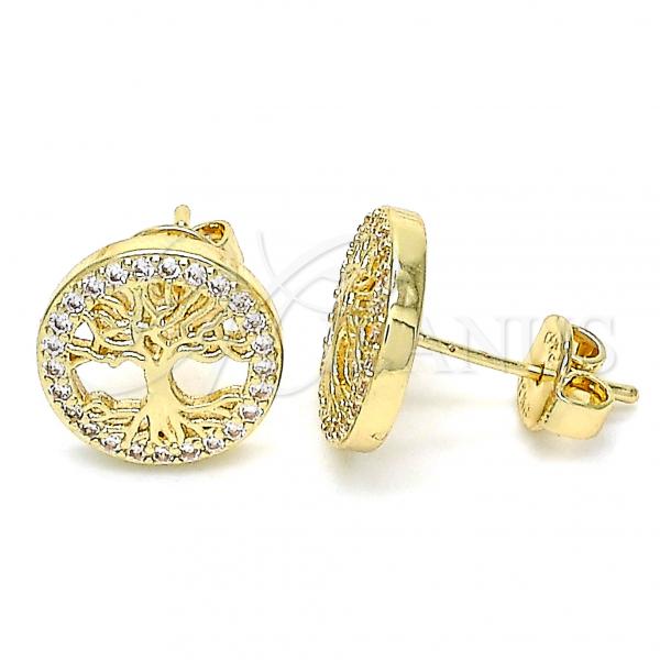 Oro Laminado Stud Earring, Gold Filled Style Tree Design, with White Micro Pave, Polished, Golden Finish, 02.156.0447