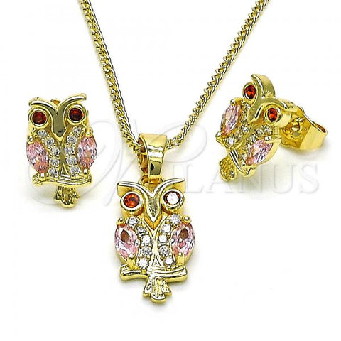 Oro Laminado Earring and Pendant Adult Set, Gold Filled Style Owl Design, with Pink and Garnet Cubic Zirconia, Polished, Golden Finish, 10.210.0123.4