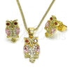 Oro Laminado Earring and Pendant Adult Set, Gold Filled Style Owl Design, with Pink and Garnet Cubic Zirconia, Polished, Golden Finish, 10.210.0123.4