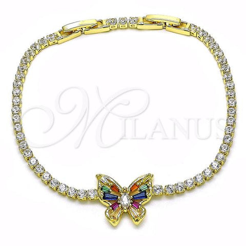Oro Laminado Tennis Bracelet, Gold Filled Style Butterfly and Baguette Design, with Multicolor and White Cubic Zirconia, Polished, Golden Finish, 03.284.0040.1.08