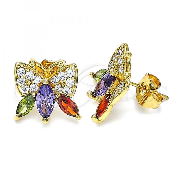 Oro Laminado Stud Earring, Gold Filled Style Butterfly Design, with Multicolor Cubic Zirconia, Polished, Golden Finish, 02.387.0035