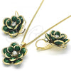 Oro Laminado Earring and Pendant Adult Set, Gold Filled Style Flower Design, with Green and White Crystal, Polished, Golden Finish, 10.64.0158.3