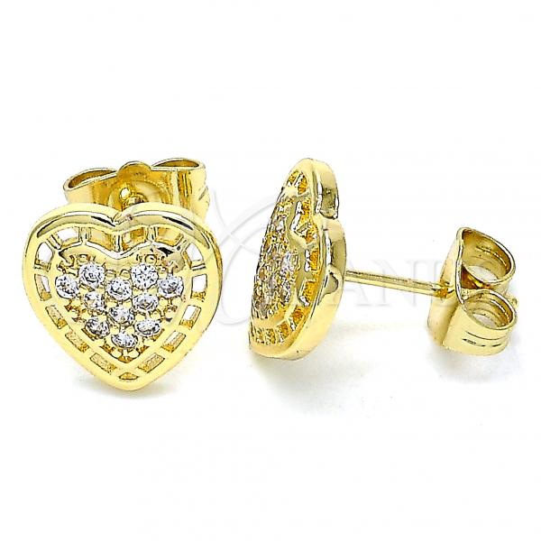 Oro Laminado Stud Earring, Gold Filled Style Heart Design, with White Micro Pave, Polished, Golden Finish, 02.210.0420