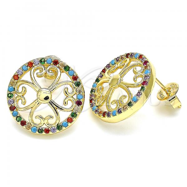 Oro Laminado Stud Earring, Gold Filled Style Flower Design, with Multicolor Micro Pave, Polished, Golden Finish, 02.233.0017