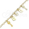 Oro Laminado Charm Anklet , Gold Filled Style Heart and Love Design, Polished, Golden Finish, 03.63.2209.10