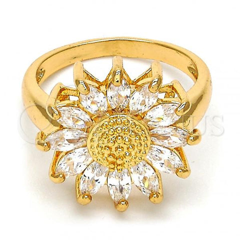 Oro Laminado Multi Stone Ring, Gold Filled Style Flower Design, with White Cubic Zirconia, Polished, Golden Finish, 01.210.0001.09 (Size 9)