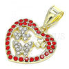 Oro Laminado Fancy Pendant, Gold Filled Style Heart and Butterfly Design, with Garnet and White Crystal, Polished, Golden Finish, 05.253.0095