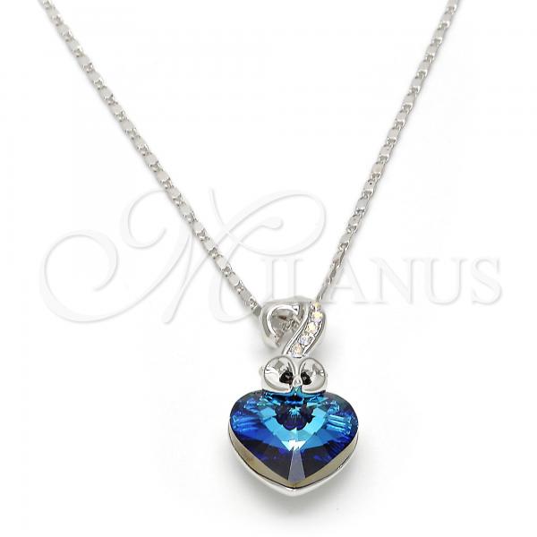 Rhodium Plated Pendant Necklace, Heart Design, with Bermuda Blue and Aurore Boreale Swarovski Crystals, Polished, Rhodium Finish, 04.239.0044.1.18
