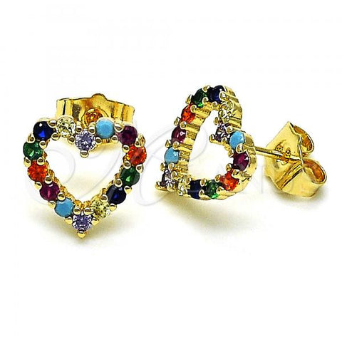 Oro Laminado Stud Earring, Gold Filled Style Heart Design, with Multicolor Cubic Zirconia, Polished, Golden Finish, 02.210.0665.1