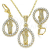 Oro Laminado Earring and Pendant Adult Set, Gold Filled Style San Judas and Teardrop Design, with White Crystal, Polished, Golden Finish, 10.351.0013