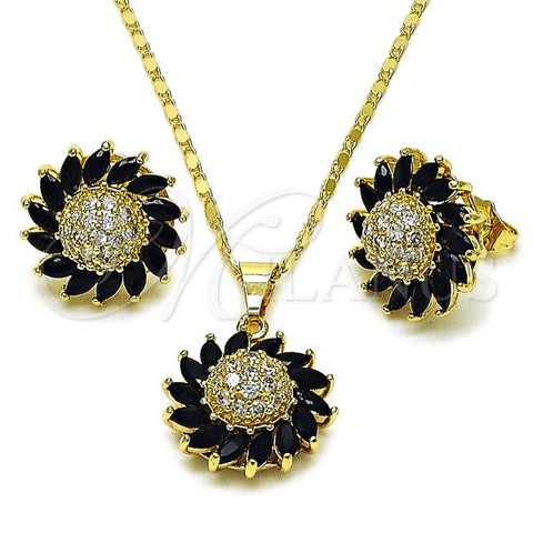 Oro Laminado Earring and Pendant Adult Set, Gold Filled Style Flower Design, with Black and White Cubic Zirconia, Polished, Golden Finish, 10.284.0048.4