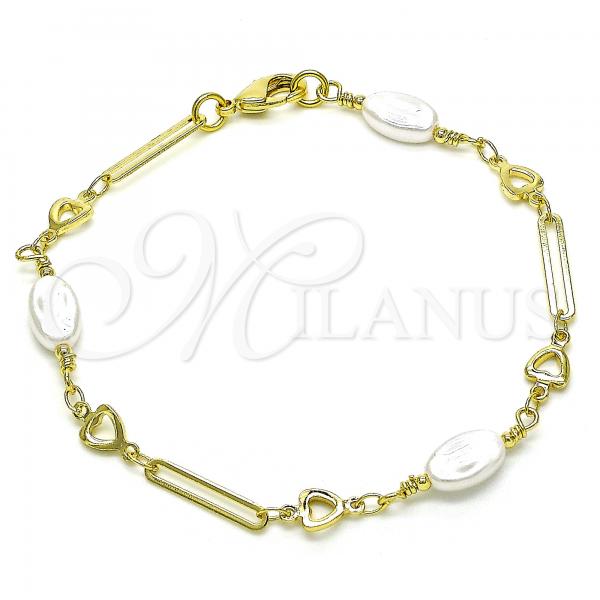 Oro Laminado Fancy Bracelet, Gold Filled Style Heart and Love Knot Design, with Ivory Pearl, Polished, Golden Finish, 03.386.0021.08