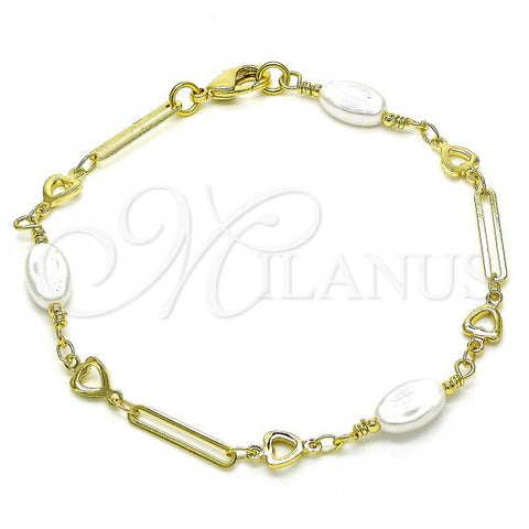 Oro Laminado Fancy Bracelet, Gold Filled Style Heart and Love Knot Design, with Ivory Pearl, Polished, Golden Finish, 03.386.0021.08