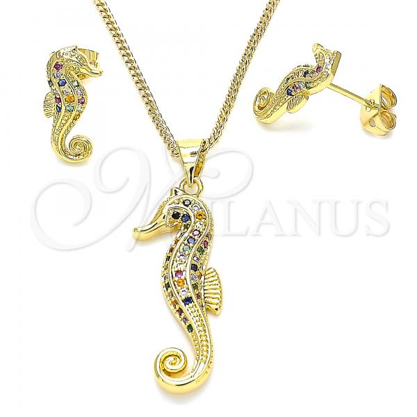Oro Laminado Earring and Pendant Adult Set, Gold Filled Style with Multicolor Cubic Zirconia, Polished, Golden Finish, 10.342.0022.1