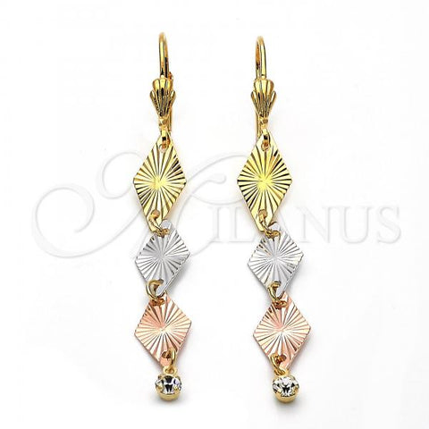 Oro Laminado Long Earring, Gold Filled Style with White Cubic Zirconia, Diamond Cutting Finish, Tricolor, 5.083.002