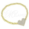 Oro Laminado Fancy Bracelet, Gold Filled Style Expandable Bead and Heart Design, with White Cubic Zirconia, Polished, Golden Finish, 03.299.0030.1.07