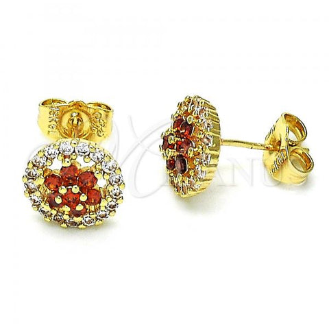 Oro Laminado Stud Earring, Gold Filled Style Flower Design, with Garnet and White Cubic Zirconia, Polished, Golden Finish, 02.310.0021.1