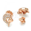 Sterling Silver Stud Earring, Dolphin and Heart Design, with White Micro Pave, Polished, Rose Gold Finish, 02.174.0076.1