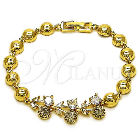 Oro Laminado Fancy Bracelet, Gold Filled Style Cherry and Ball Design, with White Cubic Zirconia and White Micro Pave, Polished, Golden Finish, 03.283.0474.1.07