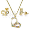 Oro Laminado Earring and Pendant Adult Set, Gold Filled Style Heart Design, with Multicolor Micro Pave, Polished, Golden Finish, 10.156.0262.3