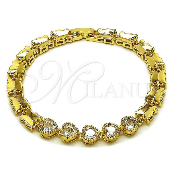 Oro Laminado Fancy Bracelet, Gold Filled Style Heart and Butterfly Design, with White Cubic Zirconia, Polished, Golden Finish, 03.283.0473.07