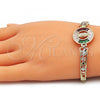 Oro Laminado Fancy Bracelet, Gold Filled Style Guadalupe and Four-leaf Clover Design, with Multicolor Cubic Zirconia, Polished, Tricolor, 03.380.0102.07