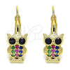 Oro Laminado Leverback Earring, Gold Filled Style Owl Design, with Multicolor Micro Pave, Polished, Golden Finish, 02.210.0380.3