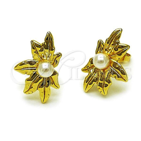 Oro Laminado Stud Earring, Gold Filled Style Leaf and Ball Design, with Ivory Pearl, Polished, Golden Finish, 02.341.0249