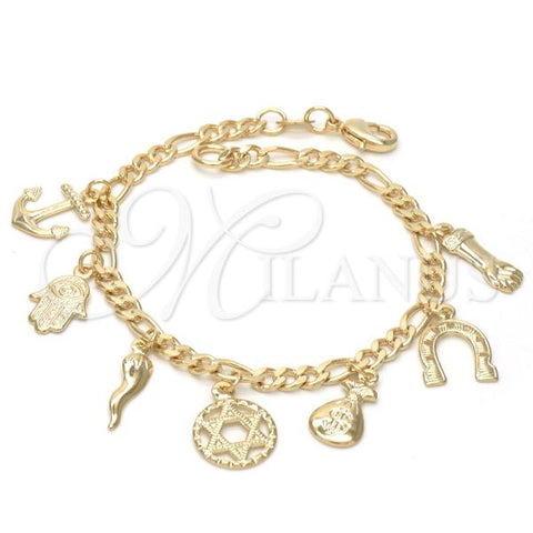 Oro Laminado Charm Bracelet, Gold Filled Style Star of David and Anchor Design, Polished, Golden Finish, 03.32.0074.07