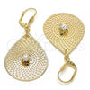 Oro Laminado Dangle Earring, Gold Filled Style Leaf and Filigree Design, with White Crystal, Diamond Cutting Finish, Golden Finish, 73.006