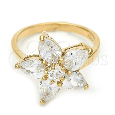 Oro Laminado Multi Stone Ring, Gold Filled Style Flower Design, with White Cubic Zirconia, Polished, Golden Finish, 5.171.030.09 (Size 9)