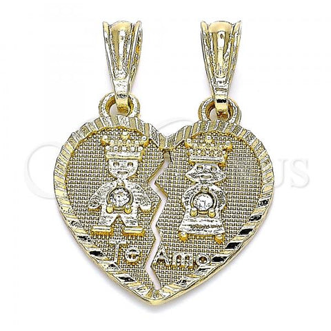 Oro Laminado Fancy Pendant, Gold Filled Style Little Girl and Little Boy Design, with White Crystal, Polished, Golden Finish, 05.351.0109