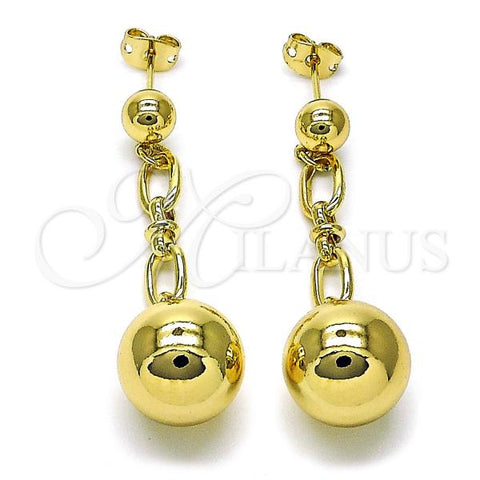 Oro Laminado Long Earring, Gold Filled Style Ball Design, Polished, Golden Finish, 02.213.0684
