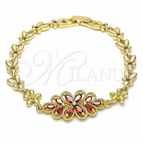 Oro Laminado Fancy Bracelet, Gold Filled Style Flower Design, with Garnet Cubic Zirconia, Polished, Golden Finish, 03.357.0016.2.07