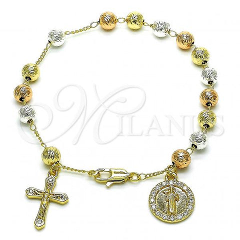 Oro Laminado Charm Bracelet, Gold Filled Style San Benito and Crucifix Design, with White Cubic Zirconia, Diamond Cutting Finish, Tricolor, 03.253.0096.08