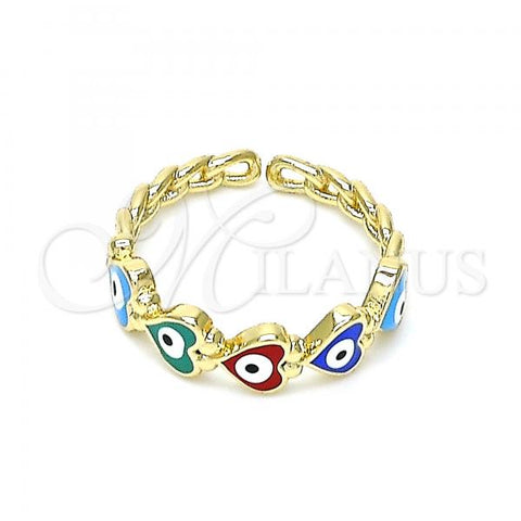 Oro Laminado Multi Stone Ring, Gold Filled Style Evil Eye and Heart Design, Multicolor Enamel Finish, Golden Finish, 01.213.0008