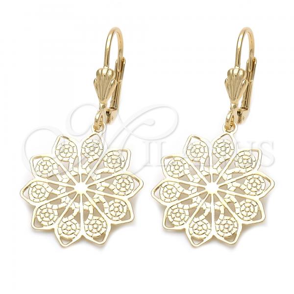 Oro Laminado Dangle Earring, Gold Filled Style Flower Design, Diamond Cutting Finish, Tricolor, 5.121.018