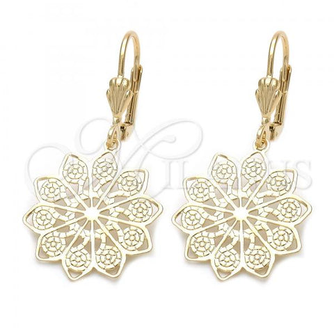 Oro Laminado Dangle Earring, Gold Filled Style Flower Design, Diamond Cutting Finish, Tricolor, 5.121.018