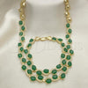 Oro Laminado Necklace and Bracelet, Gold Filled Style Heart Design, with Green and White Cubic Zirconia, Polished, Golden Finish, 06.284.0010.1