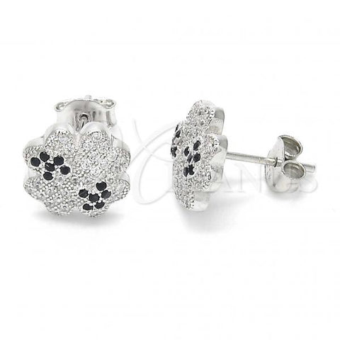 Sterling Silver Stud Earring, with Black and White Micro Pave, Polished, Rhodium Finish, 02.186.0073