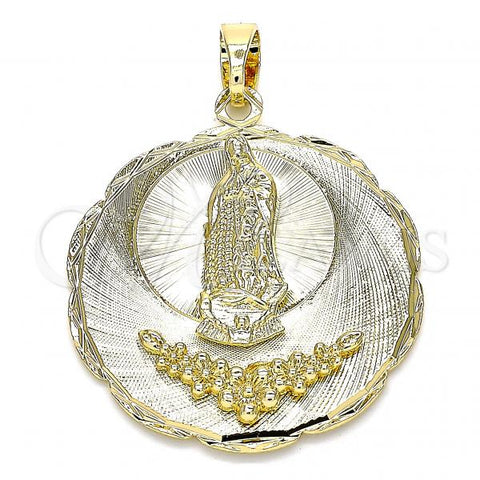 Oro Laminado Religious Pendant, Gold Filled Style Guadalupe and Flower Design, Diamond Cutting Finish, Golden Finish, 05.213.0074