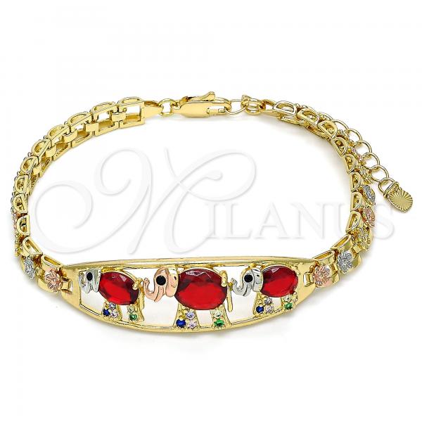 Oro Laminado Fancy Bracelet, Gold Filled Style Elephant and Flower Design, with Garnet and Black Cubic Zirconia, Polished, Tricolor, 03.380.0096.1.07