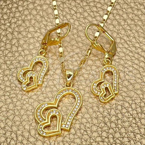 Oro Laminado Earring and Pendant Adult Set, Gold Filled Style Heart Design, with White Cubic Zirconia, Polished, Golden Finish, 10.342.0025