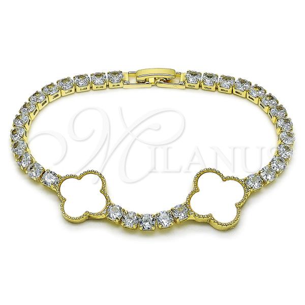 Oro Laminado Fancy Bracelet, Gold Filled Style Four-leaf Clover Design, with Ivory Mother of Pearl and White Cubic Zirconia, Polished, Golden Finish, 03.284.0048.07