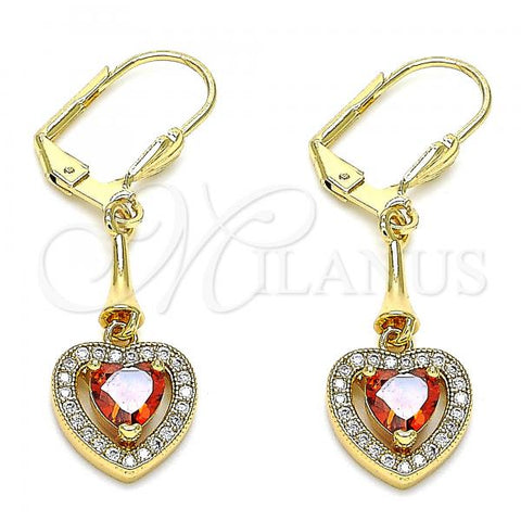 Oro Laminado Long Earring, Gold Filled Style Heart Design, with Garnet and White Cubic Zirconia, Polished, Golden Finish, 02.387.0043.3