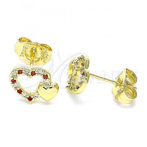 Oro Laminado Stud Earring, Gold Filled Style Heart Design, with Garnet and White Micro Pave, Polished, Golden Finish, 02.199.0031.1