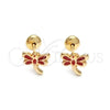 Oro Laminado Stud Earring, Gold Filled Style Dragon-Fly Design, Red Enamel Finish, Golden Finish, 02.58.0008