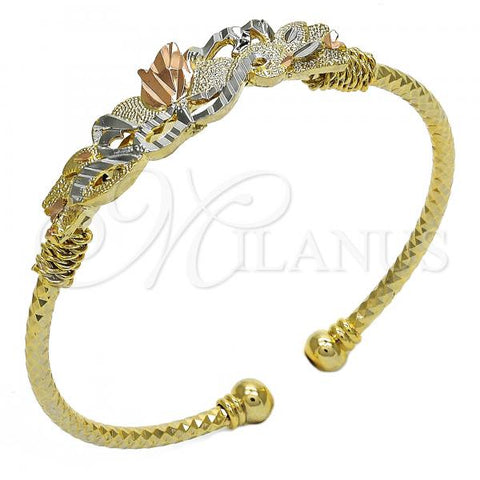 Oro Laminado Individual Bangle, Gold Filled Style Flower Design, Diamond Cutting Finish, Tricolor, 07.311.0002.1 (03 MM Thickness, One size fits all)