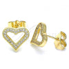 Oro Laminado Stud Earring, Gold Filled Style Heart Design, with White Micro Pave, Polished, Golden Finish, 02.156.0484